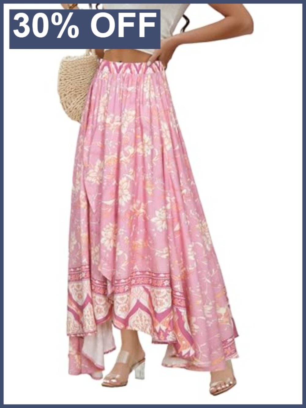 Women's Boho Maxi Skirt High Waist Flowy High-Low Slit